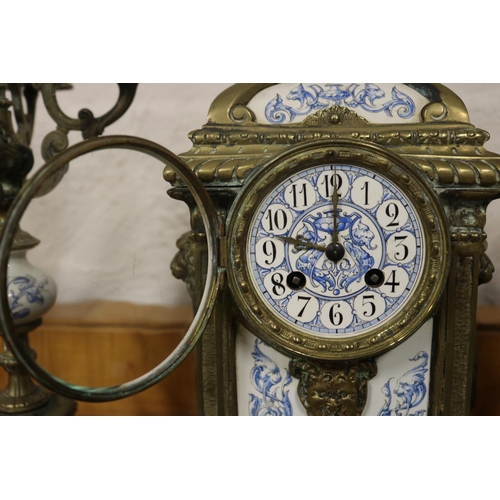 380 - Antique French blue and white porcelain mounted garniture set, in the renaissance revival style, no ... 