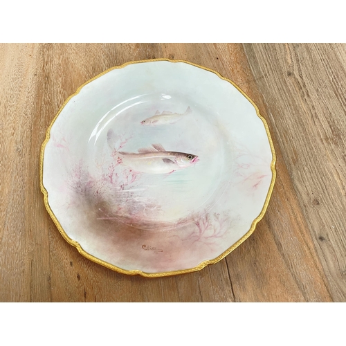 395 - Antique Royal Doulton hand painted fish plate by C Hart, approx 23cm Dia