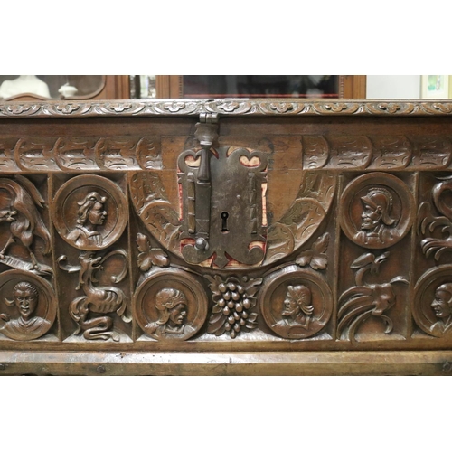 398 - Antique Italian 17th century Renaissance Revival Walnut Cassone well carved with alternating medalli... 