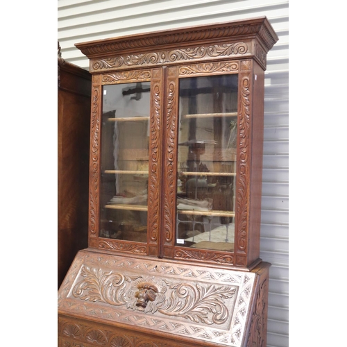 402 - Antique European carved oak bureau bookcase, approx 218cm H x 108cm W x 51cm D