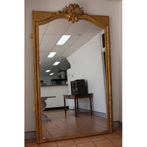 408 - Imposing large antique French gilt surround mirror, elaborate C scroll pierced crest, approx 252cm H... 