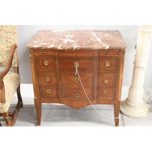 411 - Fine French Louis XV style marble topped chest, with three long drawers, with pull out writing surfa... 
