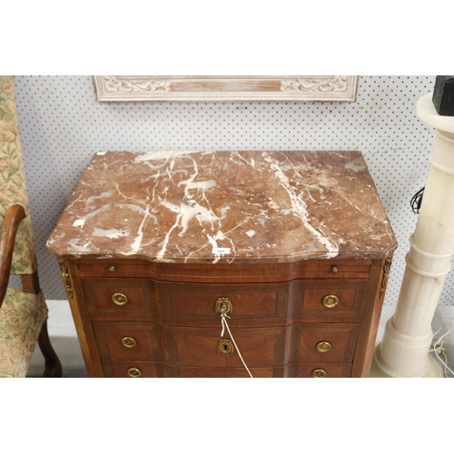 411 - Fine French Louis XV style marble topped chest, with three long drawers, with pull out writing surfa... 