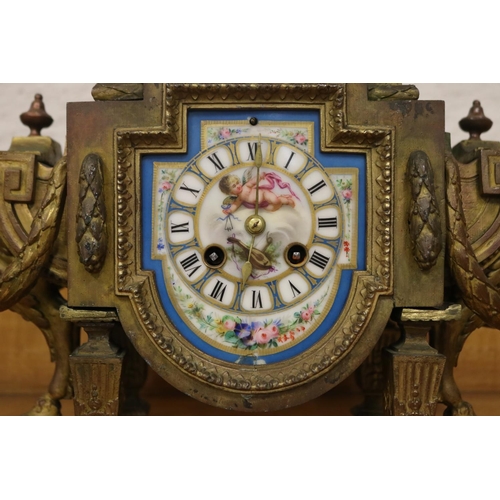 412 - Antique French three piece clock garniture, with hand painted blue porcelain mounts, no key and no p... 