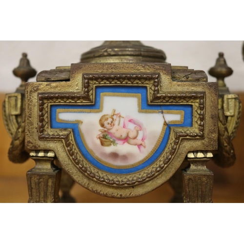412 - Antique French three piece clock garniture, with hand painted blue porcelain mounts, no key and no p... 