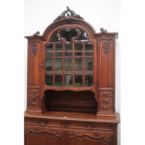 413 - Antique French carved walnut two height buffet, large central beveled glass paneled door to the top,... 