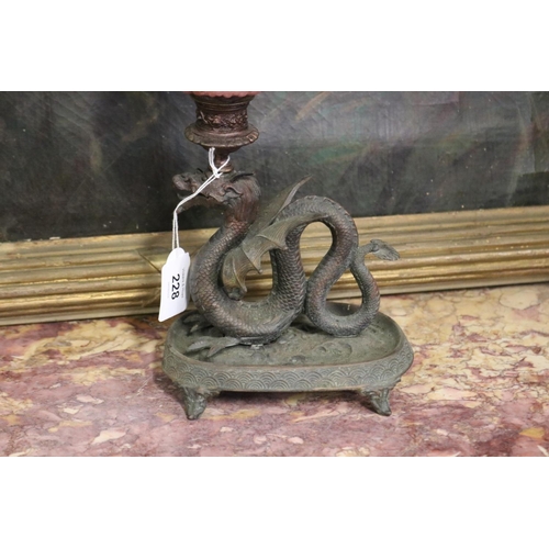 228 - WITHDRAWN - Antique bronzed metal dragon figural support oil lamp, approx 51cm H
