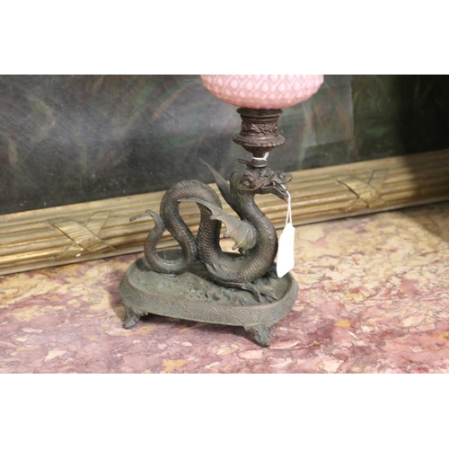 228 - WITHDRAWN - Antique bronzed metal dragon figural support oil lamp, approx 51cm H