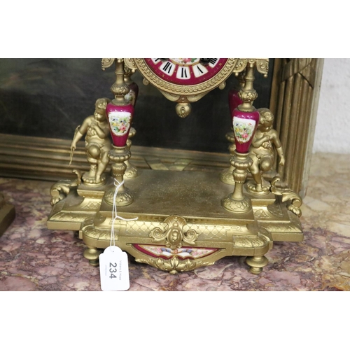 234 - Antique porcelain mounted gilt metal mantle clock, untested, has key and pendulum (in office D4971-1... 