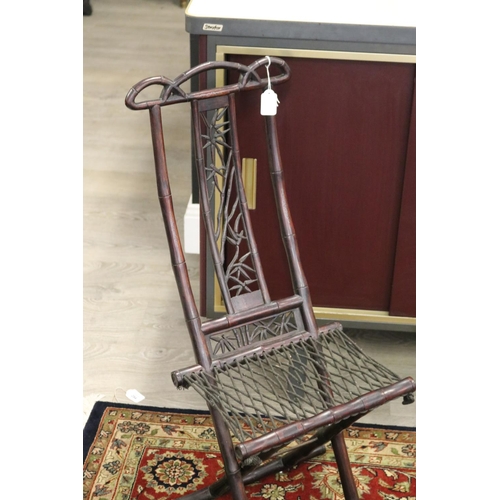 298 - Vintage Chinese faux bamboo hardwood silver inlaid folding child's chair, with woven cord seat secti... 