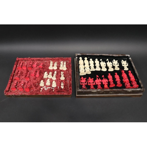 209 - Antique Chinese export ivory puzzle ball chess set, some damages