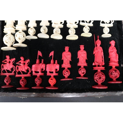 209 - Antique Chinese export ivory puzzle ball chess set, some damages