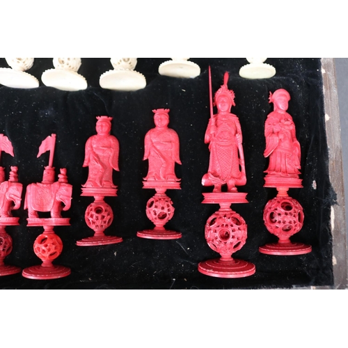 209 - Antique Chinese export ivory puzzle ball chess set, some damages