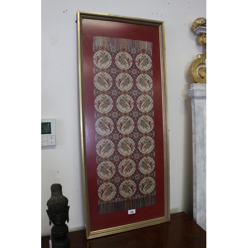 296 - Tatsumura Textile Co shadow framed Silk Lion Hunting pattern Nishiki, approx 83 cm x 30 cm