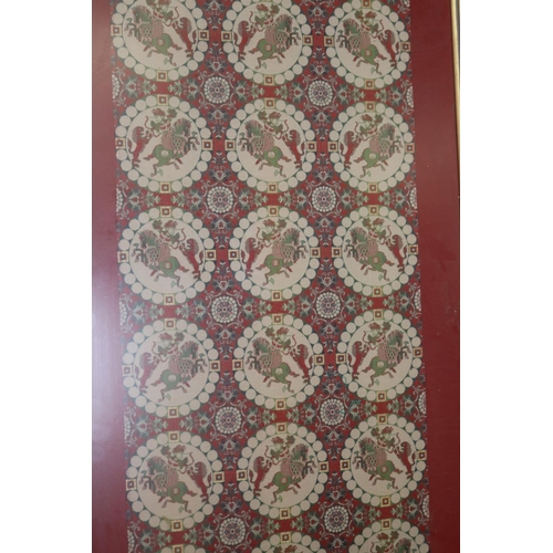 296 - Tatsumura Textile Co shadow framed Silk Lion Hunting pattern Nishiki, approx 83 cm x 30 cm