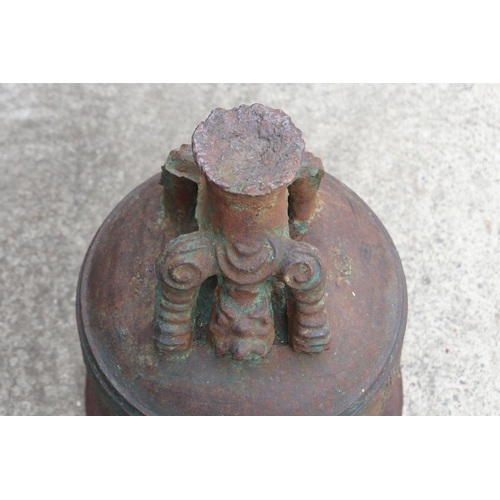 297 - Large antique Chinese Qing dynasty cast iron temple bell, cast in relief inscriptions- Favorable wea... 