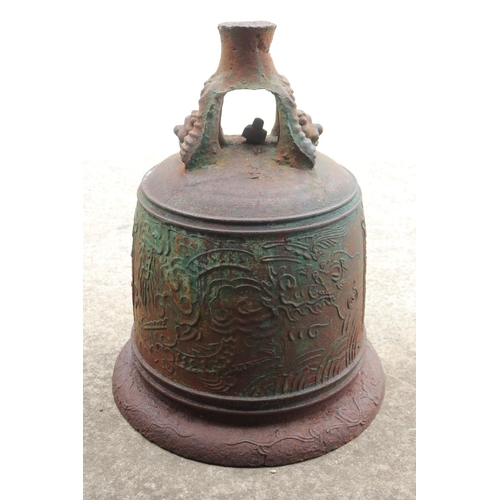 297 - Large antique Chinese Qing dynasty cast iron temple bell, cast in relief inscriptions- Favorable wea... 