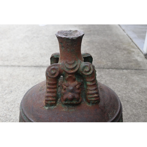 297 - Large antique Chinese Qing dynasty cast iron temple bell, cast in relief inscriptions- Favorable wea... 