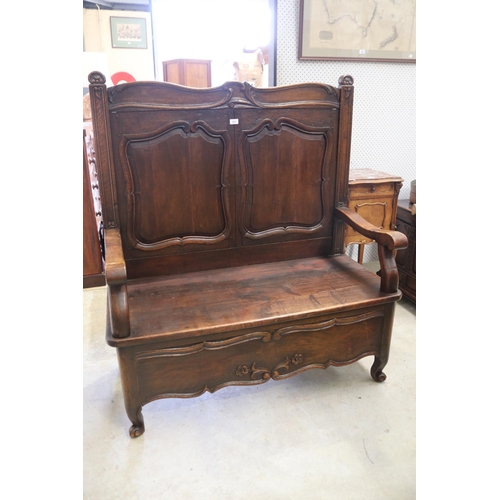 371 - Antique French oak hall bench, with carved panel back, approx 136cm H x 116cm W x 54cm D