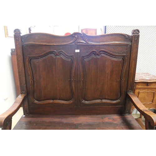 371 - Antique French oak hall bench, with carved panel back, approx 136cm H x 116cm W x 54cm D