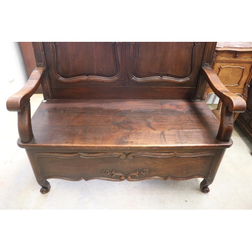 371 - Antique French oak hall bench, with carved panel back, approx 136cm H x 116cm W x 54cm D