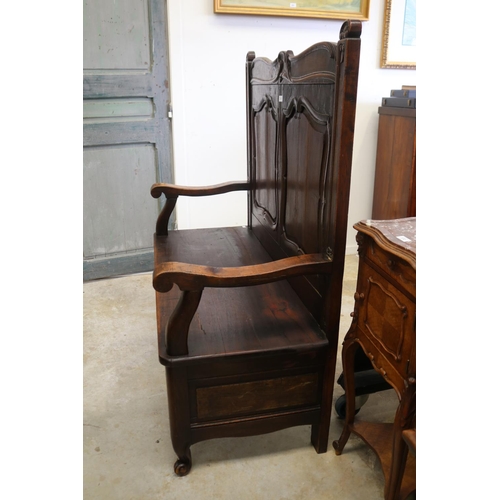 371 - Antique French oak hall bench, with carved panel back, approx 136cm H x 116cm W x 54cm D