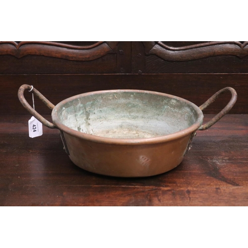 424 - Antique French copper preserving pan with iron handles, approx 9cm H ex handles x 28cm Dia