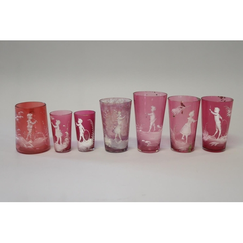 218 - Collection of antique Mary Gregory ruby glass beakers & jug (7)