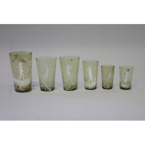 220 - Six antique Mary Gregory green glass beakers (6)