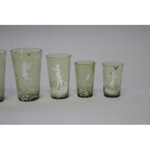220 - Six antique Mary Gregory green glass beakers (6)