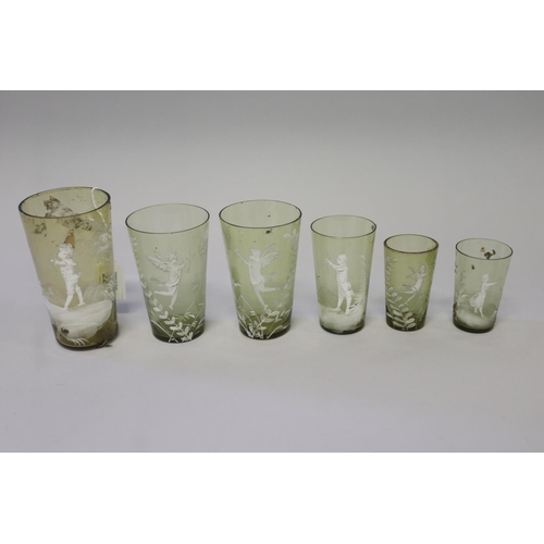 220 - Six antique Mary Gregory green glass beakers (6)