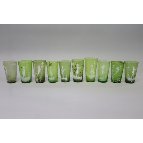 221 - Collection of ten antique Mary Gregory green glass beakers (10)