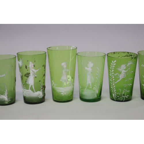 221 - Collection of ten antique Mary Gregory green glass beakers (10)