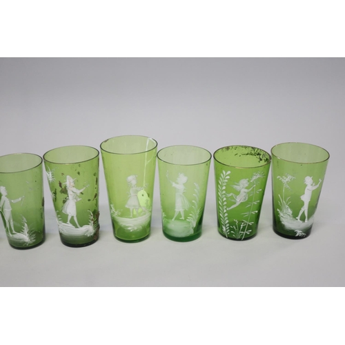 221 - Collection of ten antique Mary Gregory green glass beakers (10)