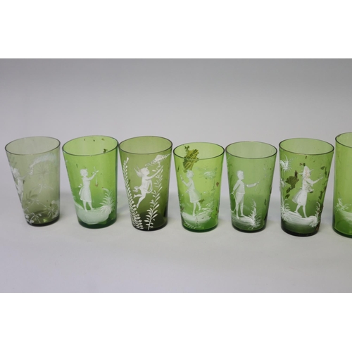 221 - Collection of ten antique Mary Gregory green glass beakers (10)