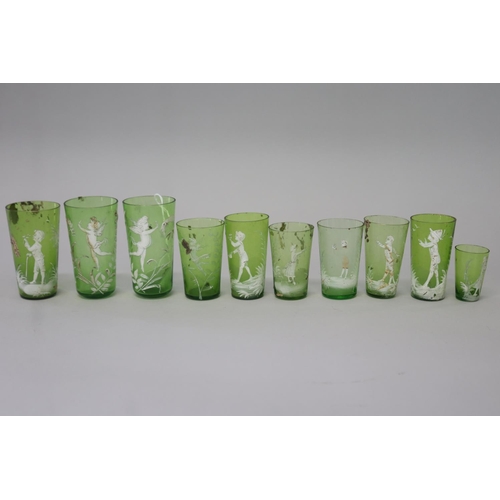 224 - Collection of antique Mary Gregory green glass beakers (10)