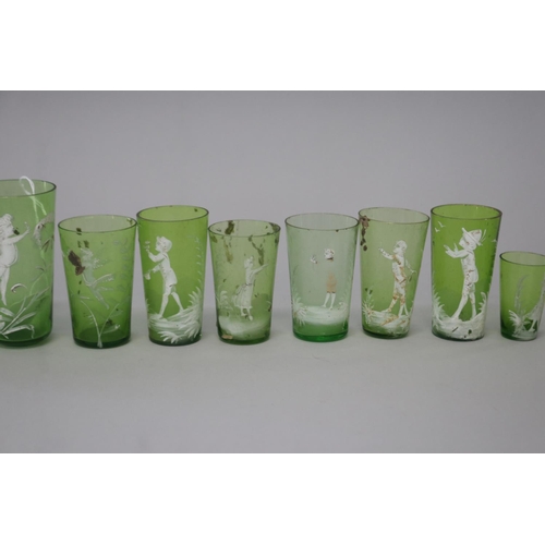 224 - Collection of antique Mary Gregory green glass beakers (10)