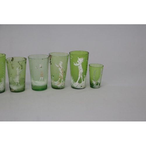 224 - Collection of antique Mary Gregory green glass beakers (10)