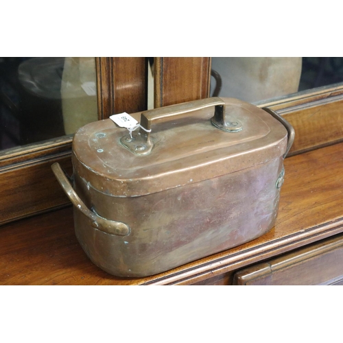 249 - Antique French lidded copper pot, with side handles and a handle to the lid, approx 22cm H x 35cm W ... 