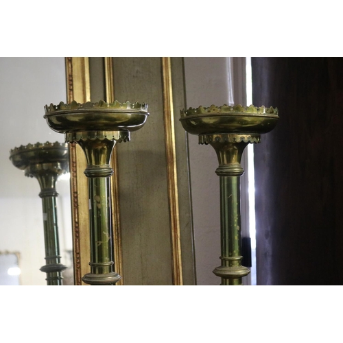 257 - Tall pair of antique brass church prickets lamp bases. weighted bases, castellated top rims, each ap... 