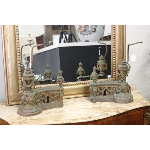 280 - Pair of antique French brass Empire revival andirons, decorated with asp & lions head masks, each ap... 