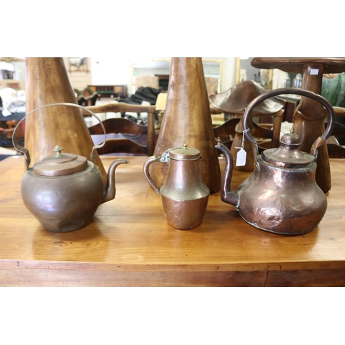 317 - Two antique French copper kettles and a lidded jug, approx 35cm H including handle x 30cm W and smal... 