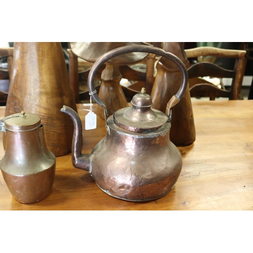 317 - Two antique French copper kettles and a lidded jug, approx 35cm H including handle x 30cm W and smal... 