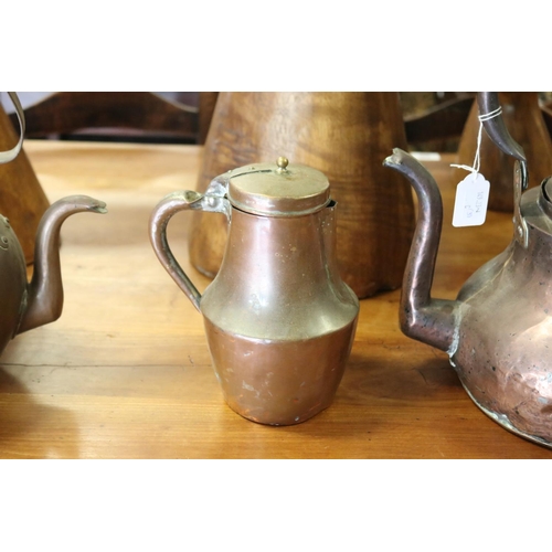 317 - Two antique French copper kettles and a lidded jug, approx 35cm H including handle x 30cm W and smal... 