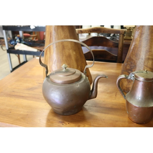 317 - Two antique French copper kettles and a lidded jug, approx 35cm H including handle x 30cm W and smal... 