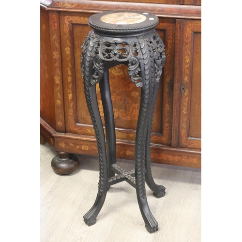 322 - Antique oriental carved hard wood jardiniere stand with marble insert top, approx 91cm H