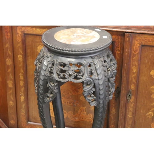322 - Antique oriental carved hard wood jardiniere stand with marble insert top, approx 91cm H