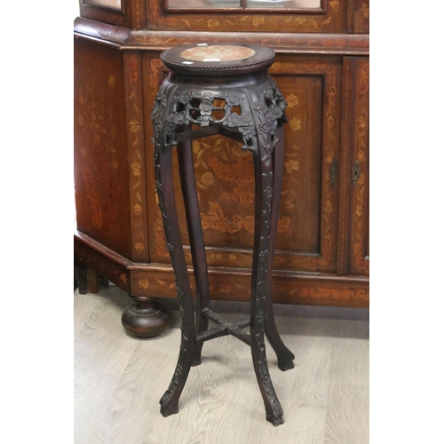 323 - Antique oriental carved hard wood jardiniere stand with marble insert top, approx 91cm H