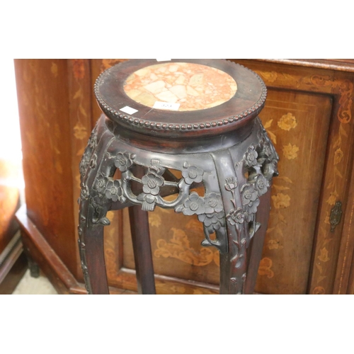 323 - Antique oriental carved hard wood jardiniere stand with marble insert top, approx 91cm H