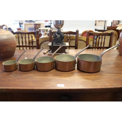 330 - Set of five antique French copper saucepans with iron handles, approx 9cm H x 18cm Dia ex handle and... 